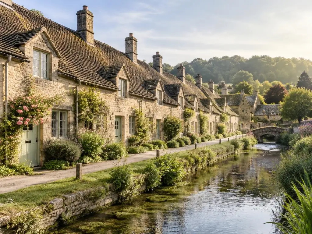 Arlington Row stone cottages beside the river in Bibury