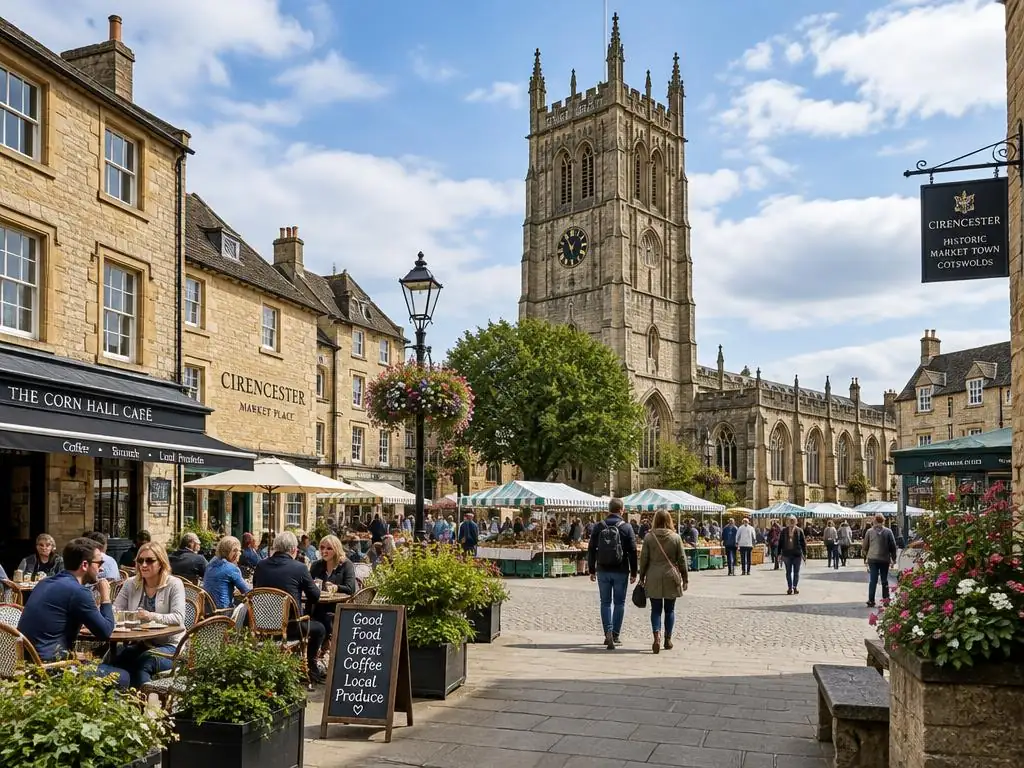 Cirencester market place and parish church tower